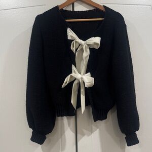 Commense Black Cardigan with Cream Bows